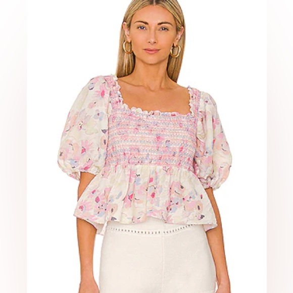 SOMETHING NAVY Floral Smocked Top in Pastel Sz S - Picture 1 of 8